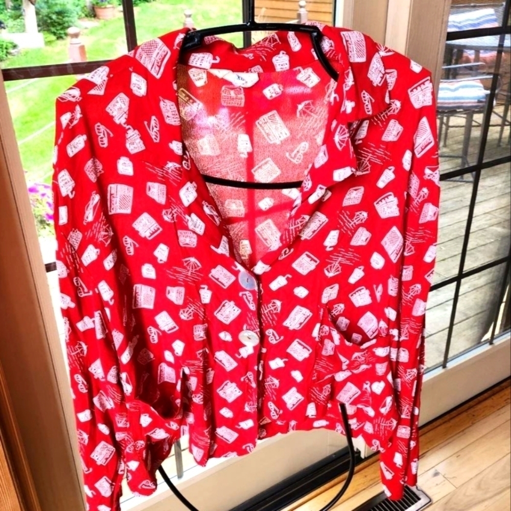 K. Hannabeck Vintage Red Beach Graphics Button-down Sz. XL Blouse Jacket w Pocke